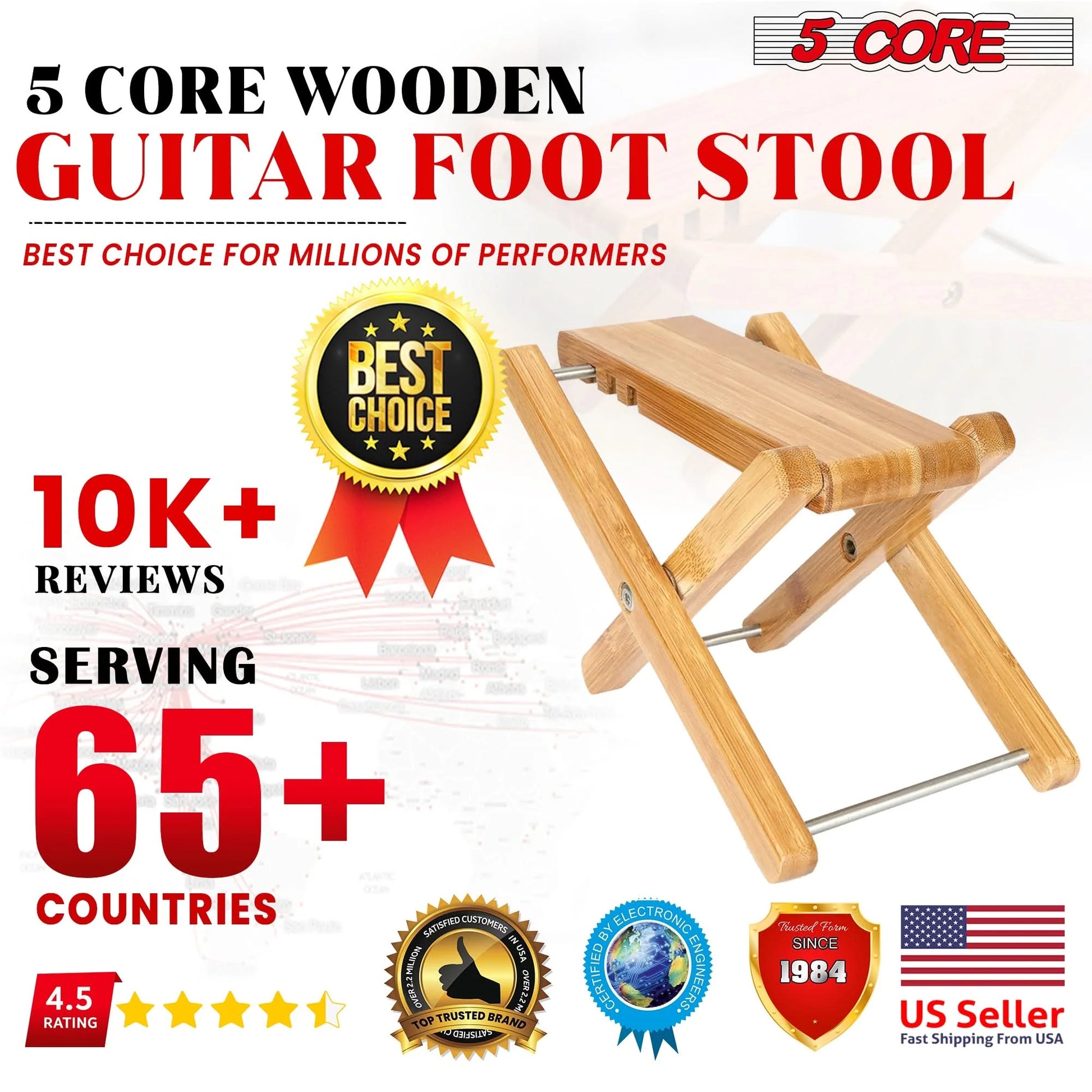 5Core Wooden Guitar Foot Stool 3 Level Adjustable Leg Rest Classical Footrest