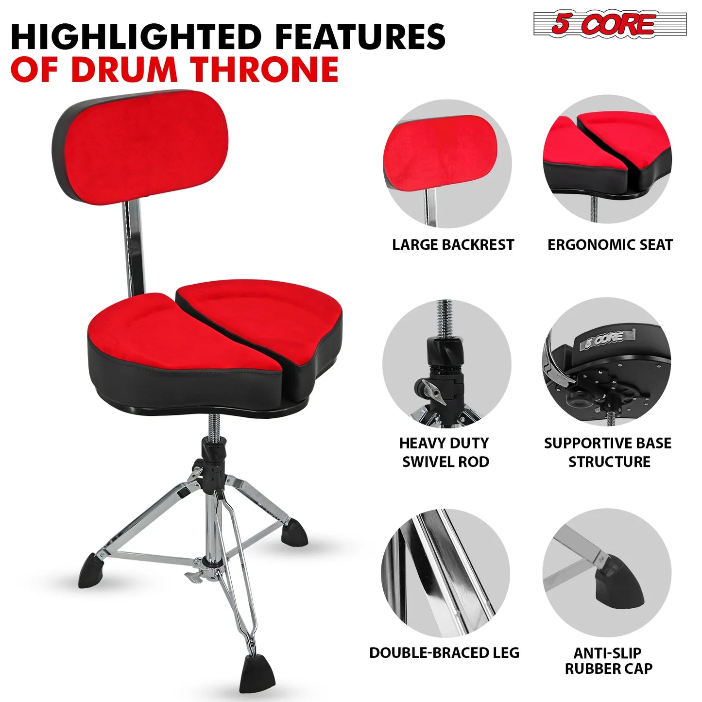 5Core Drum Throne Padded Guitar Stool Backrest Drummer Seat for Adults & Kids