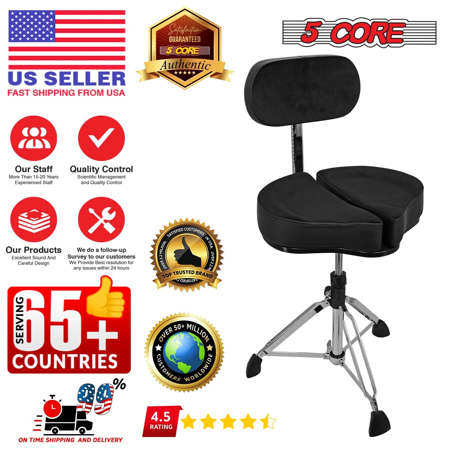 5Core Drum Throne Padded Guitar Stool Backrest Drummer Seat for Adults & Kids