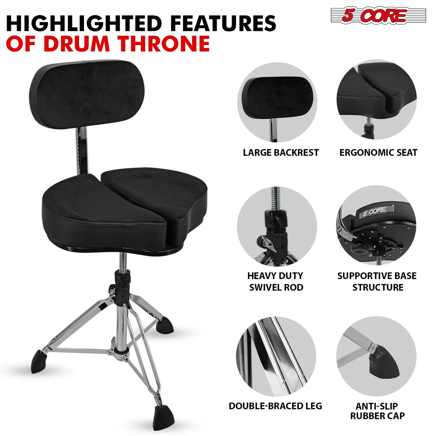 5Core Drum Throne Padded Guitar Stool Backrest Drummer Seat for Adults & Kids